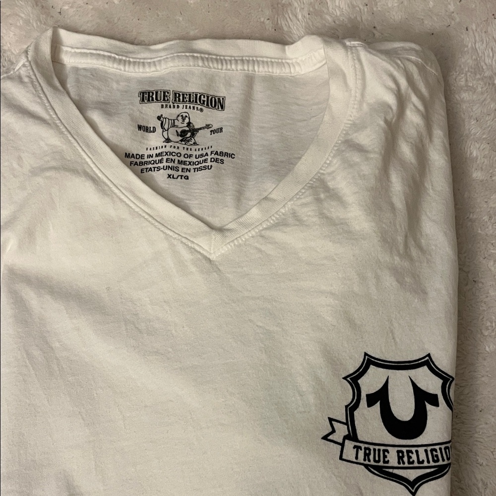 True Religion Men's Cream V-Neck Tee - Picture 2 of 2